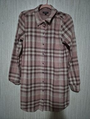 Flag And Anthem Size Medium Pink Plaid Flannel Dress Long Sleeves Pockets